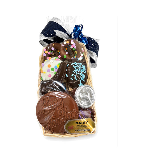 Gift-ready mini Rosh Hashanah chocolate basket with bow