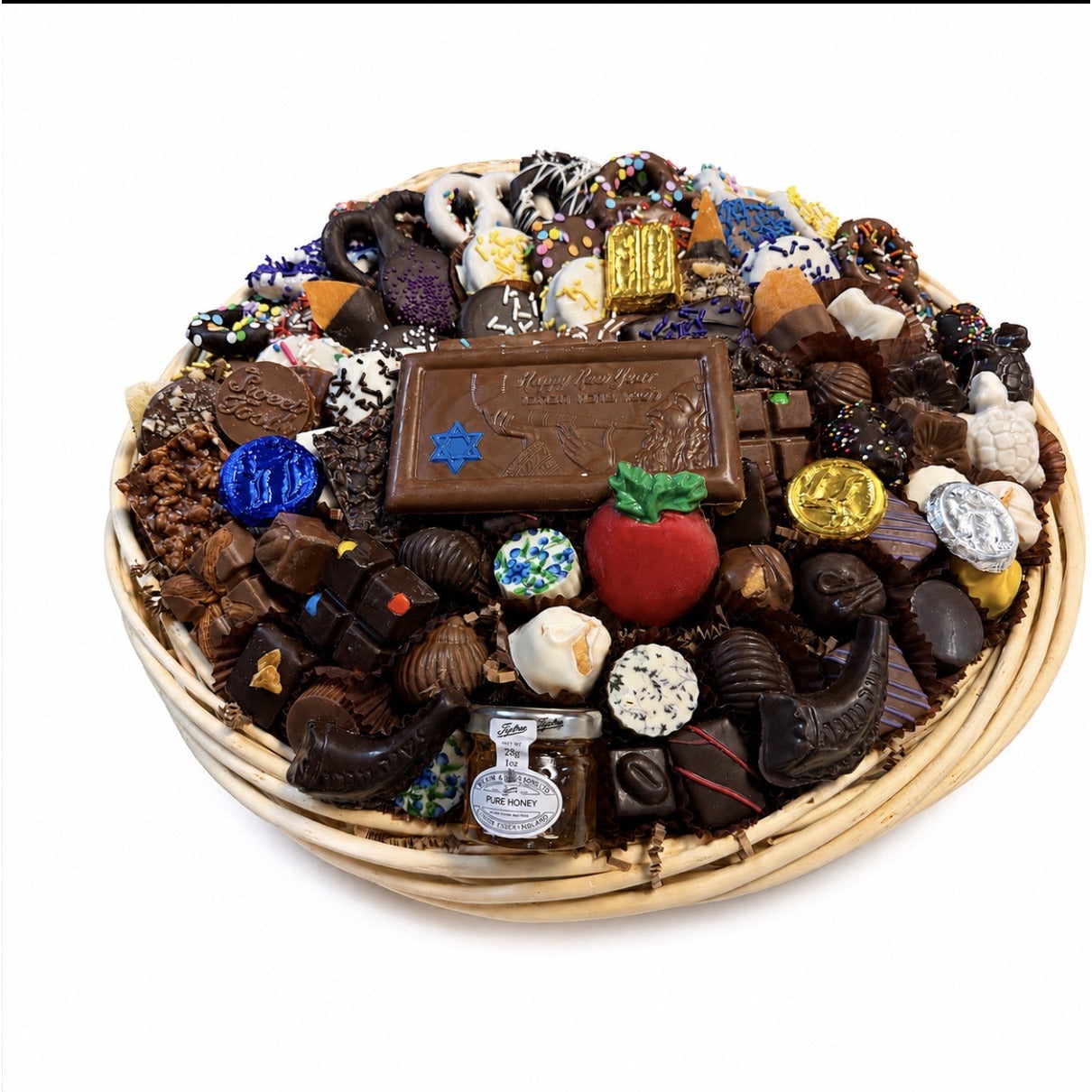 Rosh Hashanah Extra Large gift basket with kosher chocolates, Happy New Year chocolate plaque, pure honey jar, red apple chocolate, and gold foil coins from The Sweet Tooth