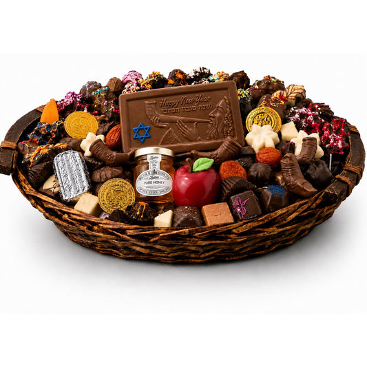 Rosh Hashanah Large Oval gift basket of kosher chocolates with Happy New Year chocolate plaque, honey jar, red apple chocolate, and chocolate gold coins from The Sweet Tooth