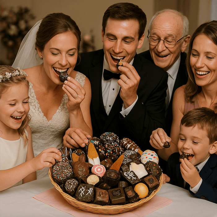 Family enjoying the small round wedding chocolate gift basket with 27 parve treats, highlighting its appeal as a joyful wedding gift.