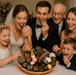 Family enjoying the small round wedding chocolate gift basket with 27 parve treats, highlighting its appeal as a joyful wedding gift.