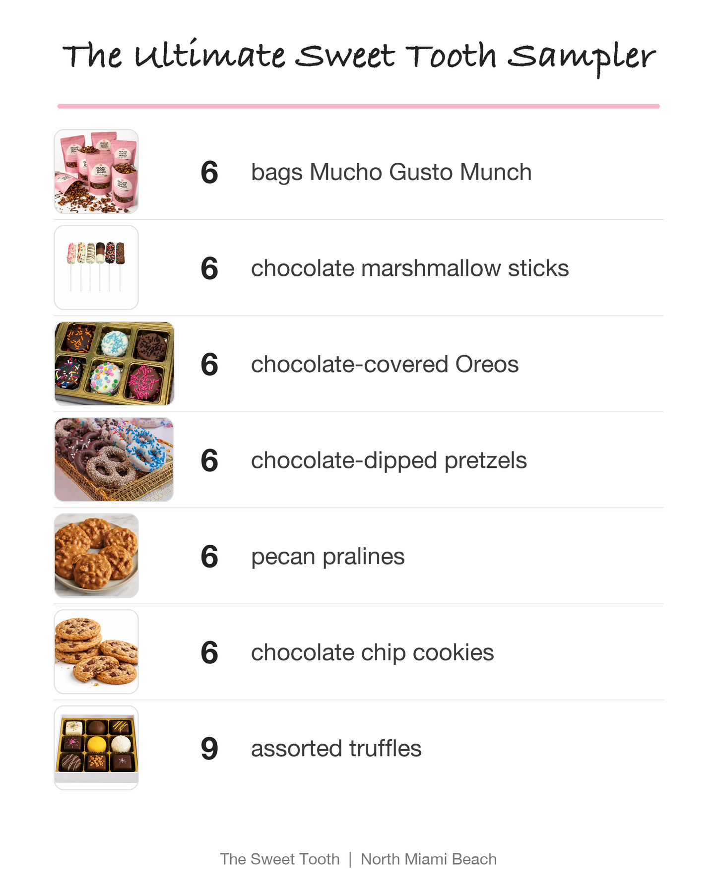 The Ultimate Sweet Tooth Sampler pack list: 6 bags Mucho Gusto Munch, 6 marshmallow sticks, 6 chocolate-covered Oreos, 6 chocolate-dipped pretzels, 6 pecan pralines, 6 cookies, 9 truffles