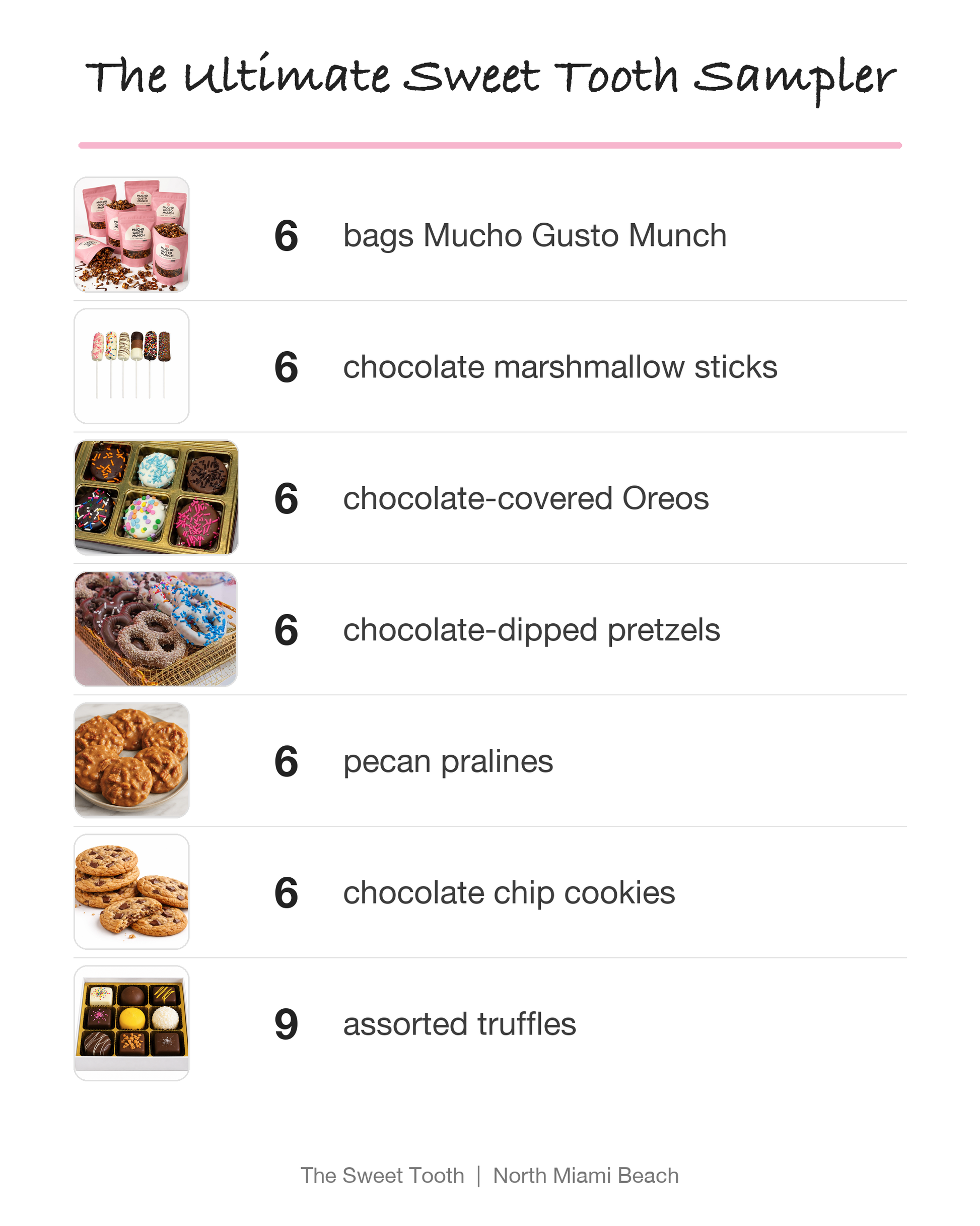 The Ultimate Sweet Tooth Sampler pack list: 6 bags Mucho Gusto Munch, 6 marshmallow sticks, 6 chocolate-covered Oreos, 6 chocolate-dipped pretzels, 6 pecan pralines, 6 cookies, 9 truffles