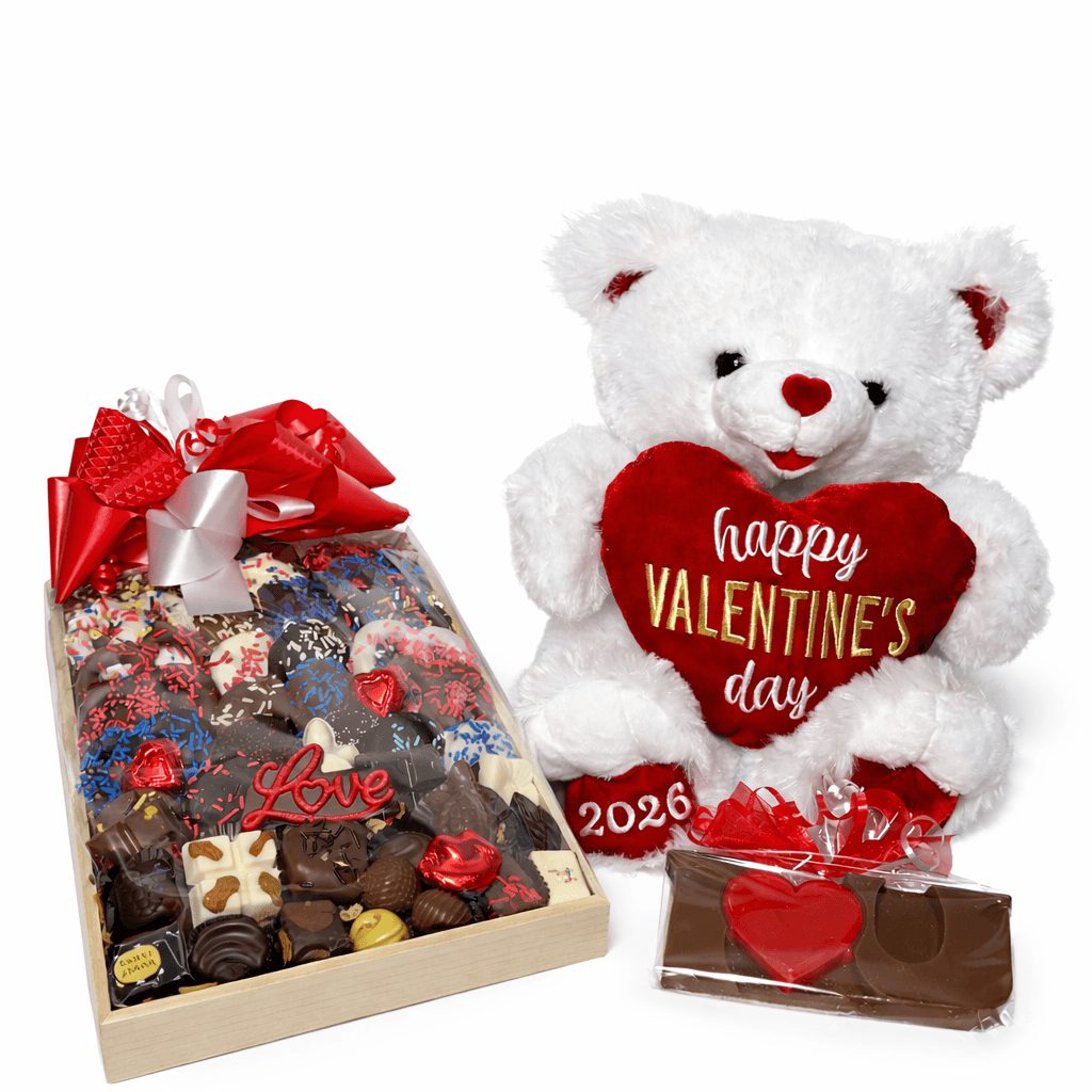 Wooden chocolate gift tray with 63 assorted treats teddy bear and I Love You plaque The Sweet Tooth