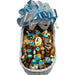 Baby Bassinet Gift Basket for boys with blue ribbon, packed with cookies, chocolates, and baby-themed confections for newborn celebrations.