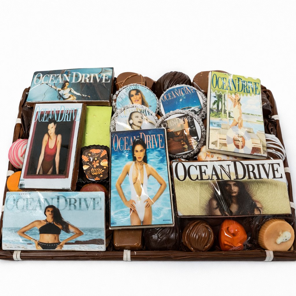 Ocean Drive magazine covers printed on chocolate pieces in gift basket