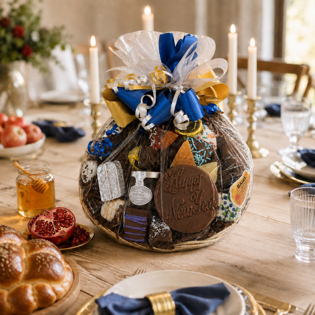 Chocolate gift basket wrapped in cellophane and finished with a hand-tied bow