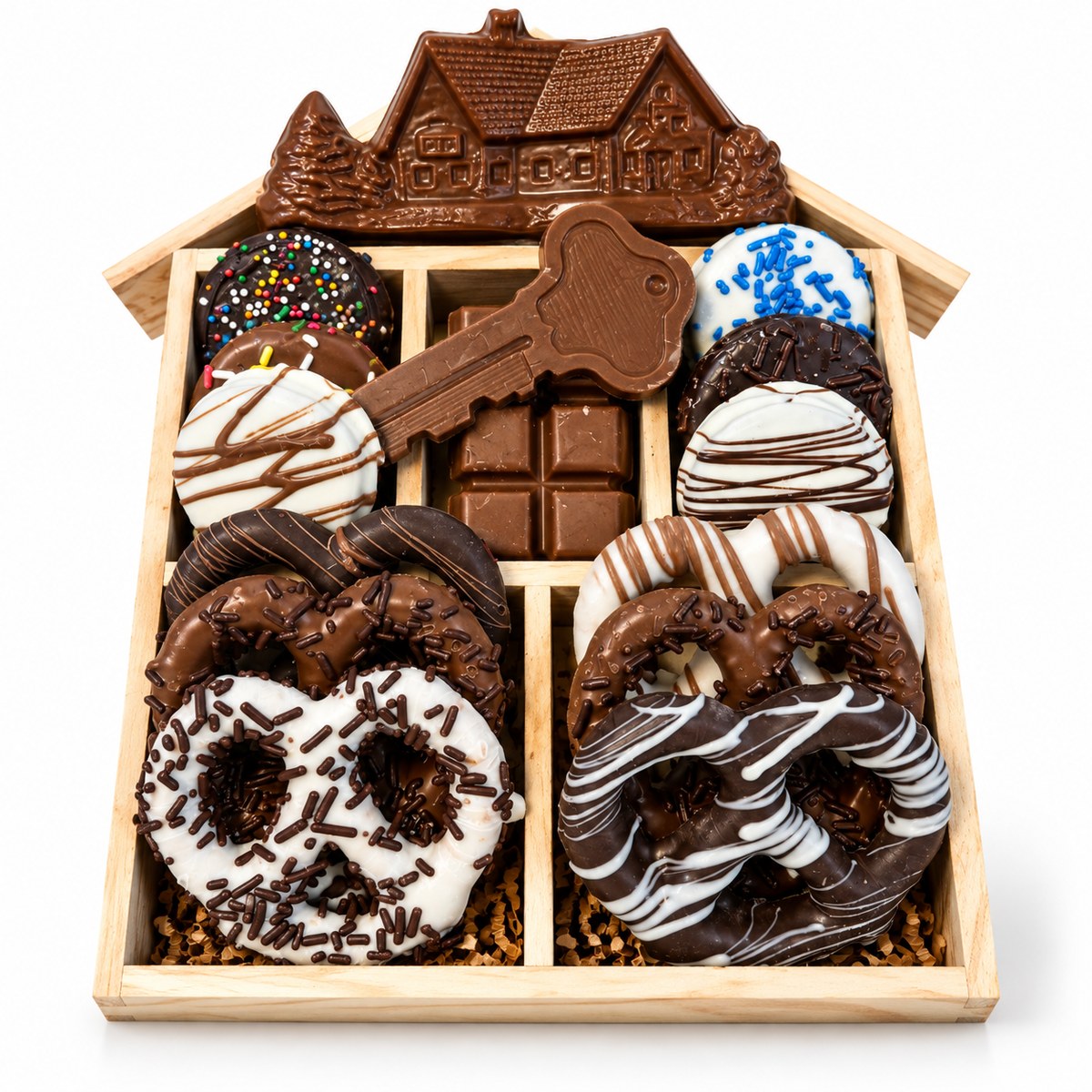 House-shaped wood tray with a chocolate house, chocolate key, dipped Oreos and pretzels
